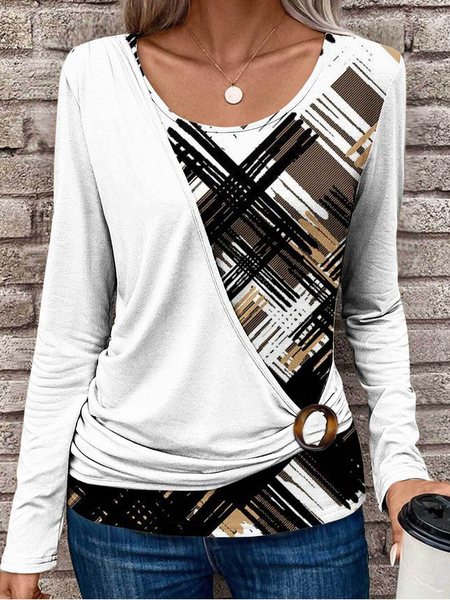 

Crew Neck Long Sleeve Geometric Regular Loose Mock Two-Piece Blouse For Women, White, Blouses