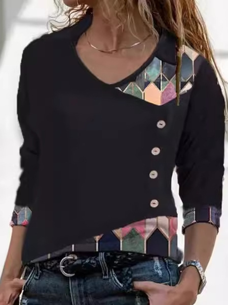 V Neck Long Sleeve Abstract Graphic Regular Loose Blouse For Women, Black, Blouses