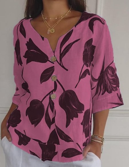 Casual Loose Floral Blouse, Blue, Blouses & Shirts