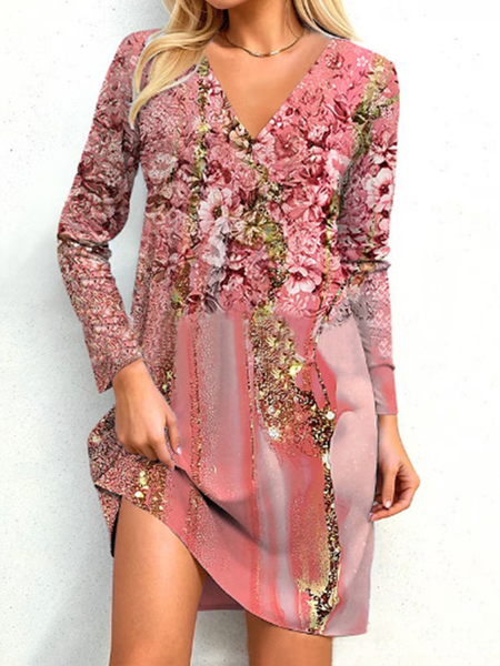 

Women Floral V Neck Three Quarter Sleeve Comfy Casual Mini Dress, Pink, Dresses