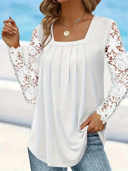 

Square Neck Long Sleeve Plain Lace Regular Loose Blouse For Women, White, Blouses