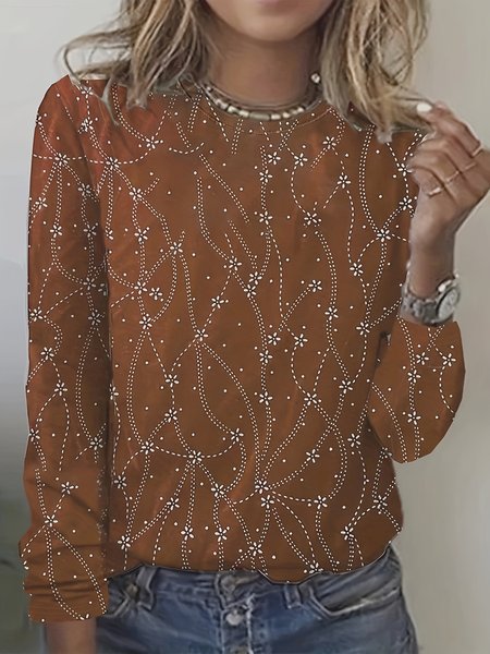 

Casual Floral Crew Neck Long Sleeve T-shirt, Deep brown, T-shirts