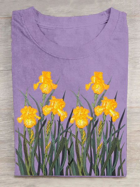 

Casual Floral Crew Neck Short Sleeve T-shirt, Purple, T-shirts