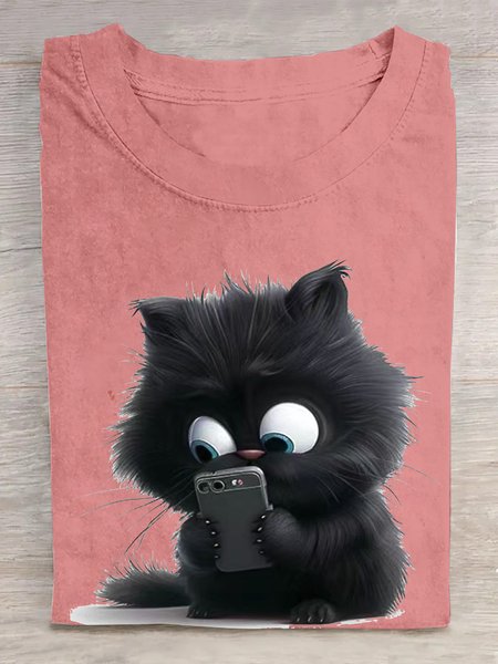 

Casual Cat Crew Neck Short Sleeve T-shirt, Orange pink, T-shirts