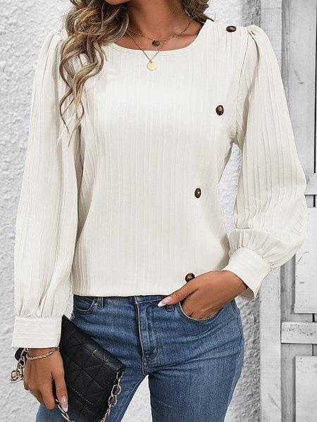 Casual Loose Buckle Blouse, White, Long Sleeves