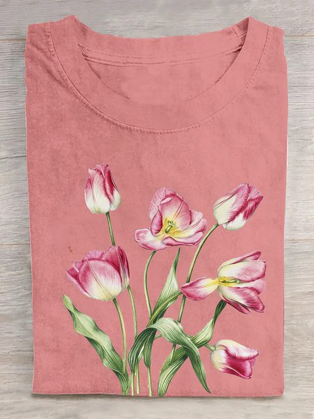 Casual Floral Crew Neck Short Sleeve T-shirt, Orange pink, T-shirts