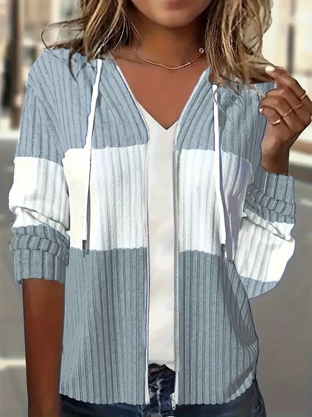 Buttoned Color Block Loose Casual Jacket, Blue, Outerwear