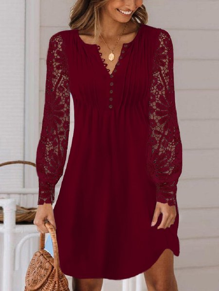 

Women's Long Sleeve Spring/Fall Plain Lace Dress V Neck Daily Going Out Casual Maxi H-Line, Wine red, Dresses