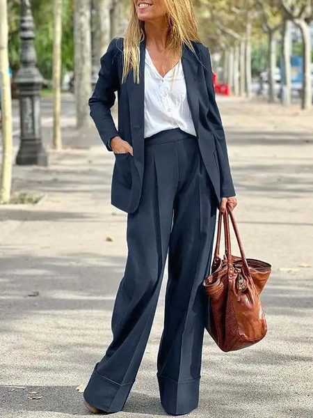 

Women Plain Long Sleeve Comfy Casual Top With Pants Two-Piece Set, Navyblue, Sets