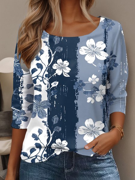 

Women's Long Sleeve Tee T-shirt Spring/Fall Floral Jersey Crew Neck Daily Going Out Casual Top, Blue, T-Shirts