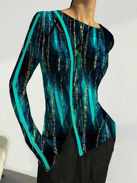 

Casual Abstract Crew Neck Long Sleeve T-shirt, Green, T-shirts