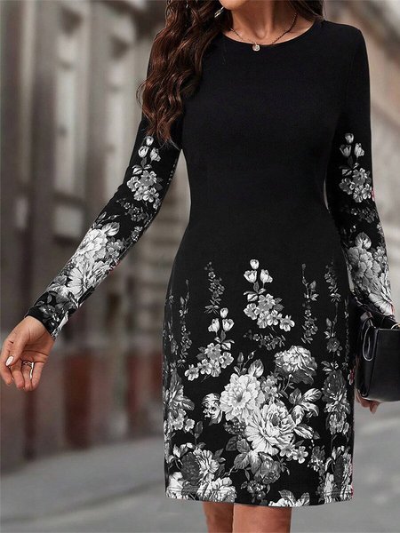 

Women's Long Sleeve Spring/Fall Floral Dress Crew Neck Daily Going Out Casual Midi H-Line, Color4, Dresses