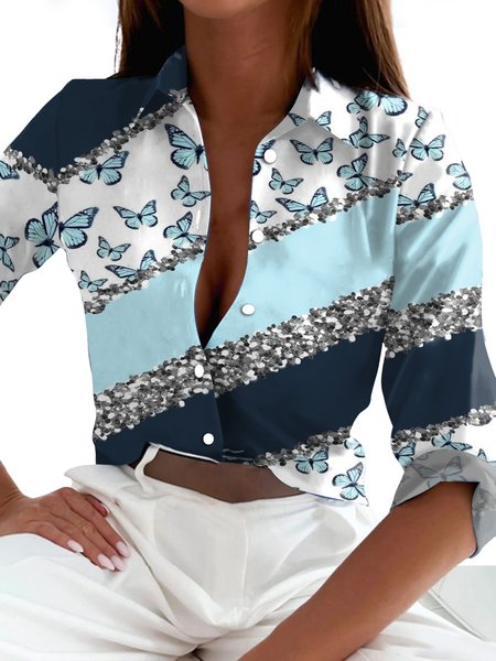 Women's Long Sleeve Shirt Spring Fall White Geometric Shirt Collar Daily Going Out Casual Top