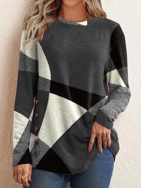 Crew Neck Three Quarter Sleeve Plaid Regular Loose Blouse For Women, Gray, Blouses