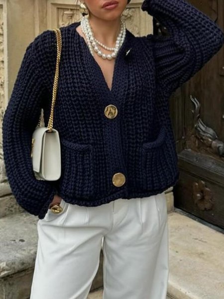 

Casual Daily V Neck Pockets Plain Buttoned Cardigan, Deep blue, Cardigans