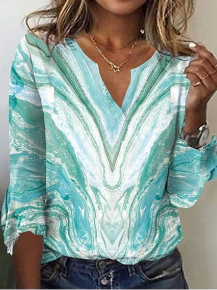 

Casual Abstract V Neck Three Quarter Sleeve T-shirt, Blue, T-shirts