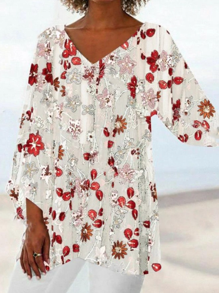 

V Neck Three Quarter Sleeve Floral Regular Loose Blouse For Women, White, Blouses