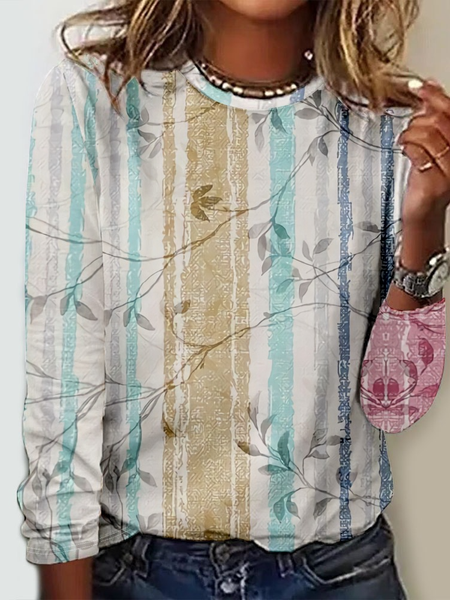 

Casual Striped V Neck Long Sleeve T-shirt, Multicolor, T-shirts