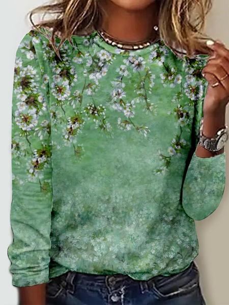 

Casual Floral Crew Neck Long Sleeve T-shirt, Green, T-shirts