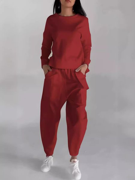 

Women Plain Crew Neck Long Sleeve Comfy Casual Top With Pants Two-Piece Set, Wine red, Sets