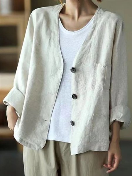 

Loose Cotton And Linen Plain Casual Jacket, White, Outerwear