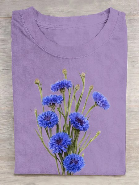 

Casual Floral Crew Neck Short Sleeve T-shirt, Purple, T-shirts