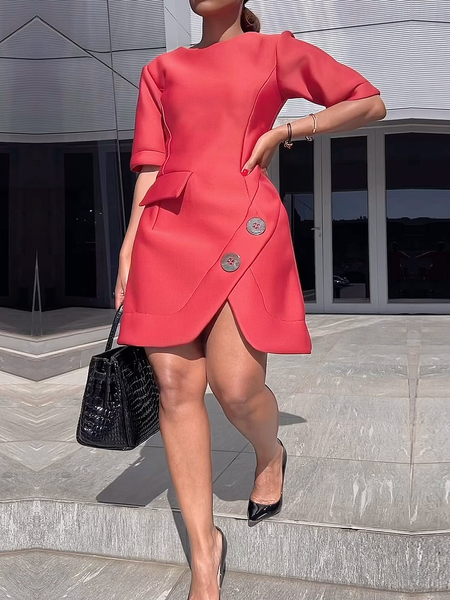 

Regular Fit Asymmetric Elegant Crew Neck Half Sleeve Plain Mini Dress, Red, Mini Dresses