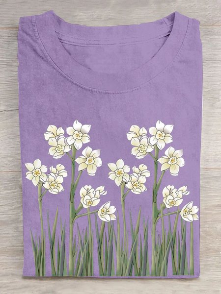 

Casual Floral Crew Neck Short Sleeve T-shirt, Purple, T-shirts