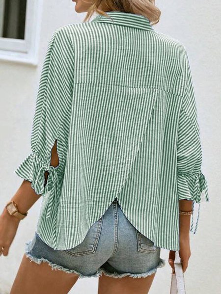 

Shawl Collar Three Quarter Sleeve Striped Cross Regular Loose Blouse For Women, Green, Blouses