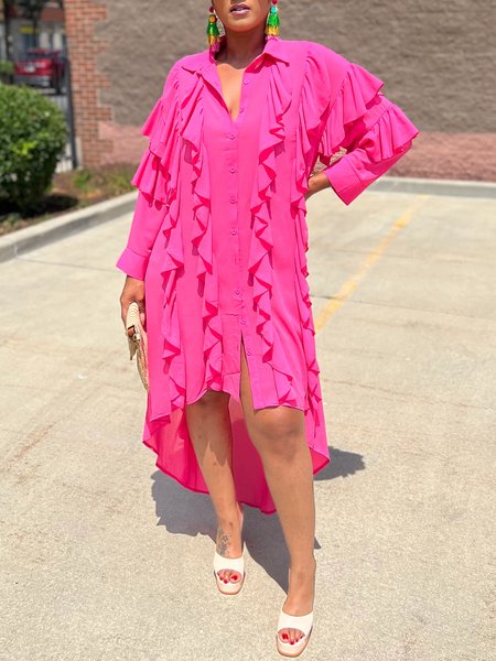 

Plain Casual Peplum Raglan Sleeves Dress, Pink, Midi Dresses