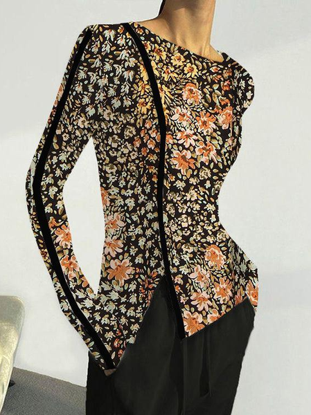 

Casual Floral Crew Neck Long Sleeve T-shirt, Brown, T-shirts
