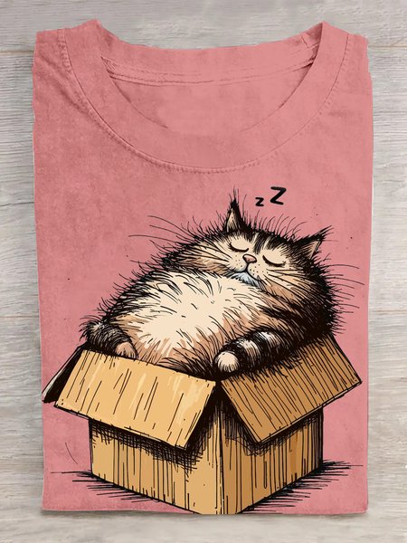 

Casual Cat Crew Neck Short Sleeve T-shirt, Orange pink, T-shirts