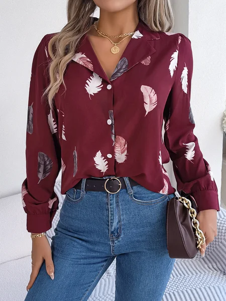 

Shirt Collar Long Sleeve Leaf Regular Loose Shirt For Women, Wine red, Shirts