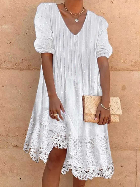 

Women Plain V Neck Three Quarter Sleeve Comfy Casual Maxi Dress, White, Dresses
