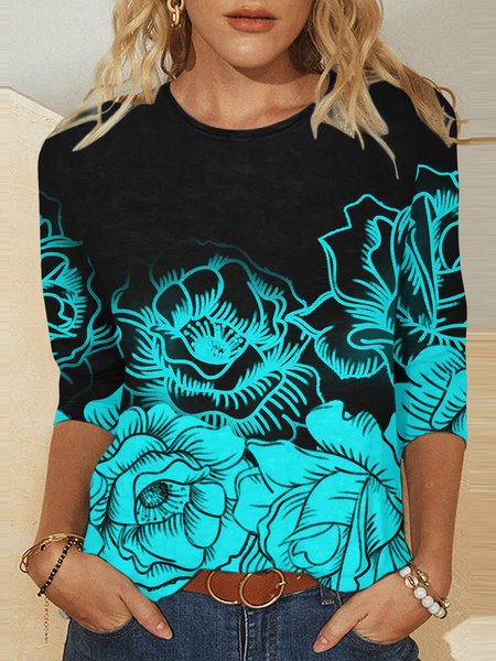 Casual Crew Neck Top With Floral Design