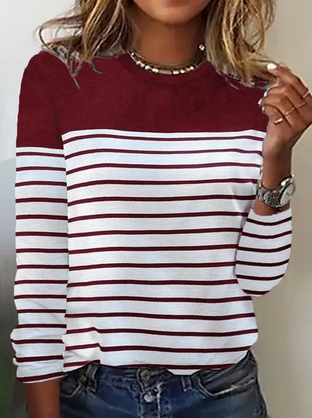 

Women's Long Sleeve Tee T-shirt Spring/Fall Striped Printing Knitted Crew Neck Daily Going Out Casual Top, Wine red, Tops