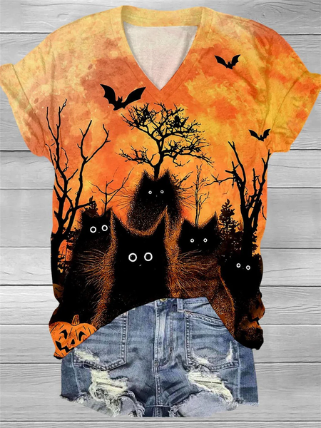 

Halloween Black Cat Print V Neck T-Shirt, Orange, T-shirts