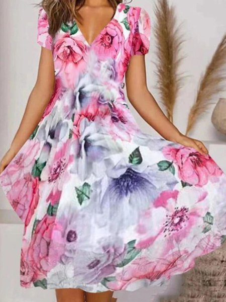 

Women's Short Sleeve Summer Floral Dress V Neck Daily Going Out Casual Midi A-Line, Peach, Dresses