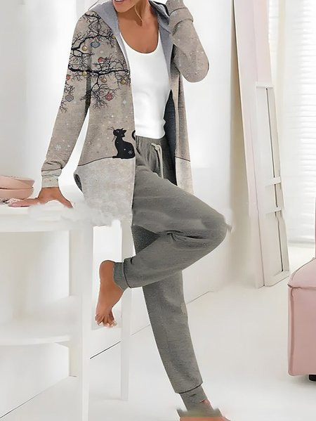 

Women's Jersey Geometric Daily Going Out Two Piece Set Long Sleeve Casual Spring/Fall Top With Pants Matching Set, Khaki, Suit Set