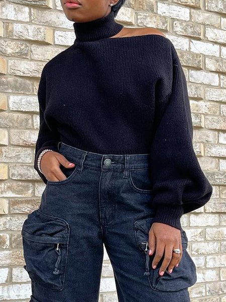 

Plain Turtleneck Balloon Sleeve Loose Urban Sweater, Black, Pullovers
