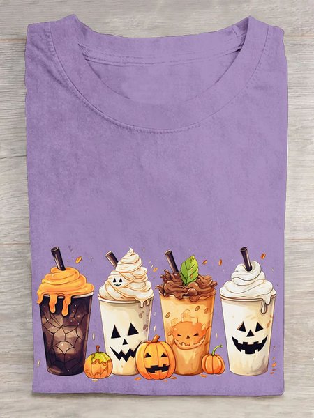 Casual Halloween Crew Neck Short Sleeve T-shirt, Purple, T-shirts