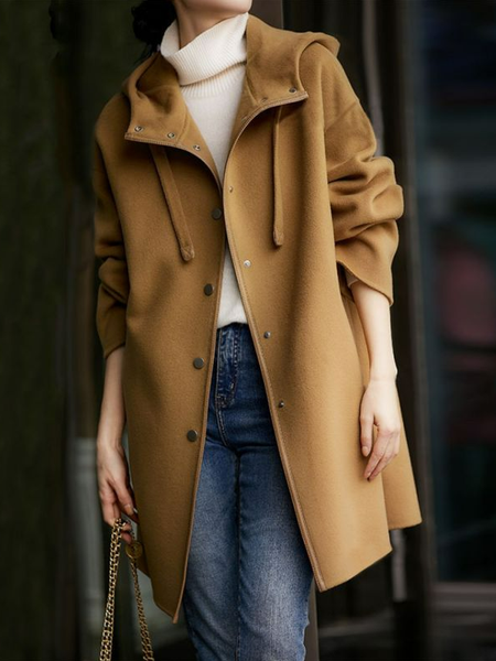 

Loose Elegant Wool-Blend Plain Coat, Brown, Outerwear