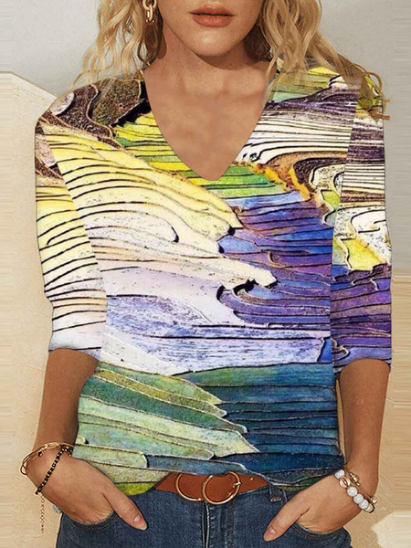 

Casual Abstract V Neck Long Sleeve T-shirt, Multicolor, T-shirts