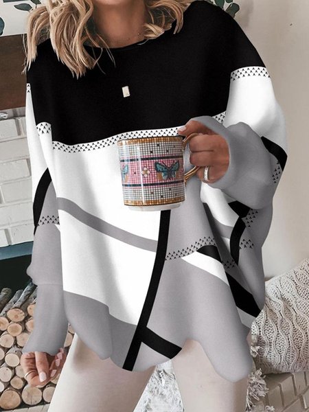 

Casual Crew Neck Black And White Colorblock Sweatshirt, Hoodies & Sweatshirts