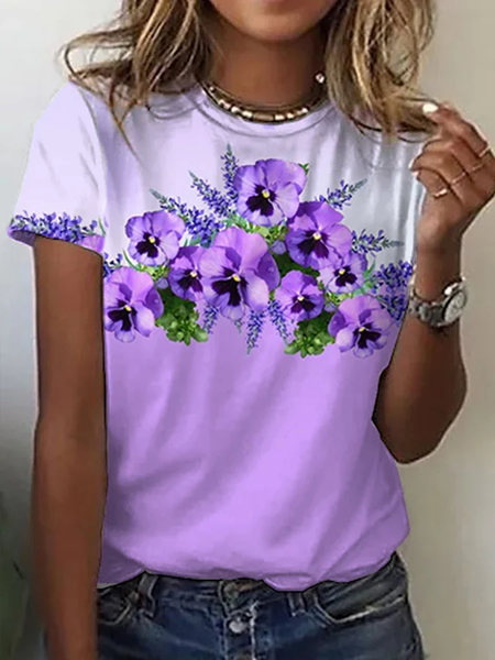 

Women's Purple Flower Alzheimer's Awareness Support Casual O-Neck Tee, T-shirts