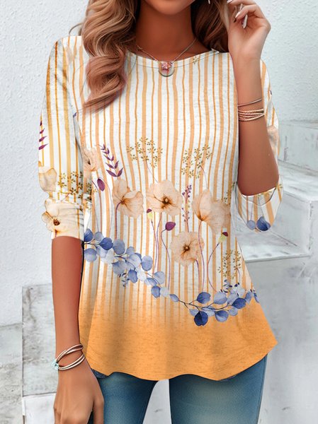 

Women's Long Sleeve Tee T-shirt Spring/Fall Floral Printing Jersey Crew Neck Daily Going Out Vintage Top, Orange, Tops