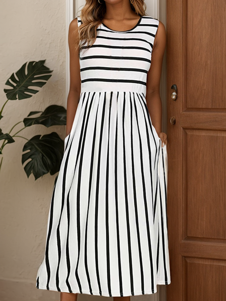 

Casual Striped Dress With No, Black-white, Maxi Dresses