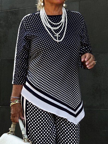 

Casual Crew Neck Regular Sleeve Blouse, Black-white, Blouses and Shirts