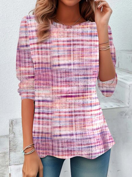 

Vintage Geometric Crew Neck Long Sleeve T-shirt, Pink, Blouses