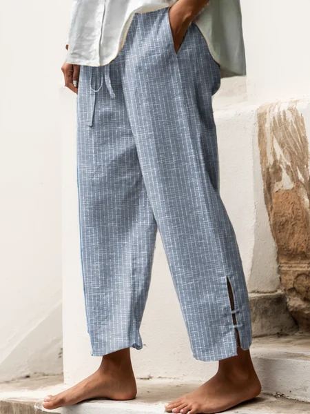 

Cotton Striped Loose Casual Pants, Blue, Pants